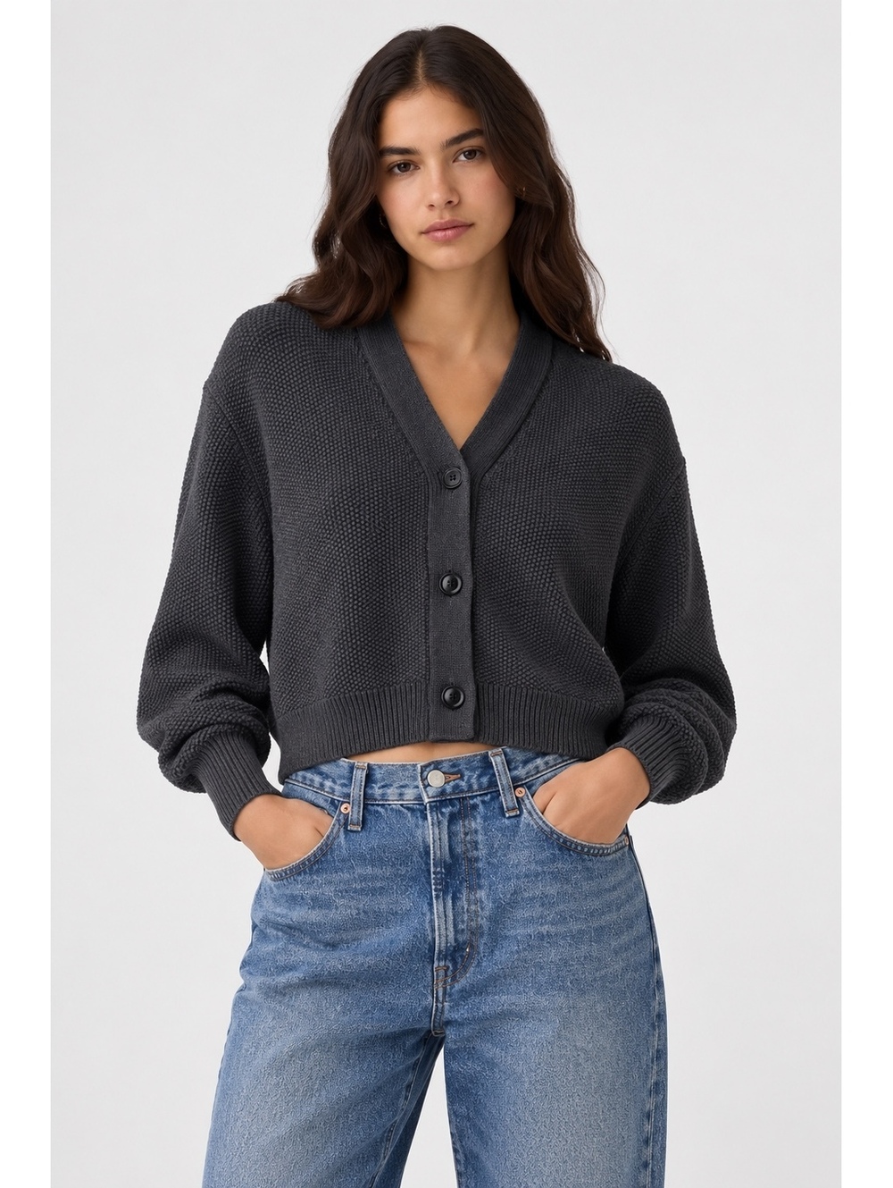GAP Mixed Stitch Textured Cotton Cropped Cardigan Sweater Charcoal Heather M